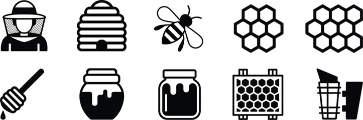 Beekeeping and Honey Production Icon Set with Bee, Hive, Honeycomb, Jar, Dipper, and Apiary Equipment Symbols for Organic Farming Designs © SUMON STUDIO