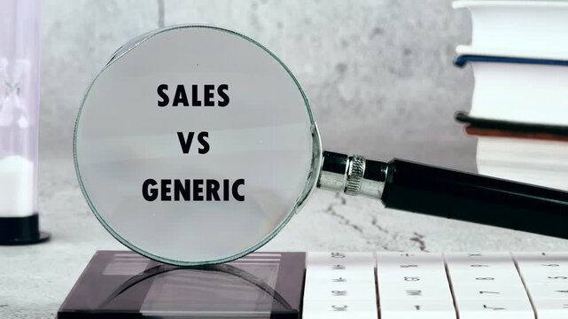 A magnifying glass focuses on the words sales versus generic on a white keyboard. Books and an hourglass are visible on an office desk during the day