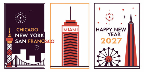Naklejka premium USA, US, U.S, United States - Set of city skylines and new year 2027 greeting cards with chicago new york miami and san francisco architecture icons and fireworks in modern flat vector style 
