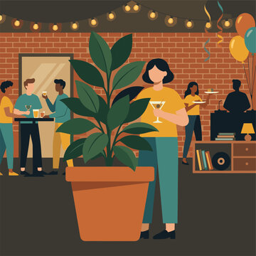 Introvert person hiding behind large potted plant at busy party awkward social anxiety vector