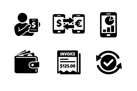 Finance e-payment mobile banking icons set showing online transfer, digital wallet, invoice, and confirmed transaction concepts