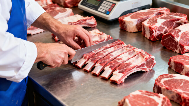 A butcher skillfully cuts a rack of fresh beef ribs in a clean, well-lit meat market, showcasing quality cuts of meat