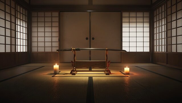 A Japanese sword rests on a stand in a dimly lit tatami room, flanked by two lit candles, creating an atmosphere of ancient tradition and solemnity.