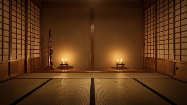 A serene traditional Japanese room, bathed in the warm, soft glow of candle light. Tatami mats cover the floor, while shoji screens line the walls, creating an atmosphere of peaceful tranquility.