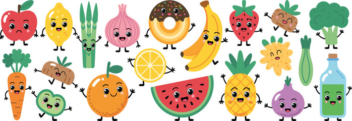 Naklejka premium Cute Kawaii Fruit and Vegetable Character Set with Apple, Banana, Watermelon, Pineapple, Broccoli, and Cartoon Food Mascot Illustrations for Kids Designs