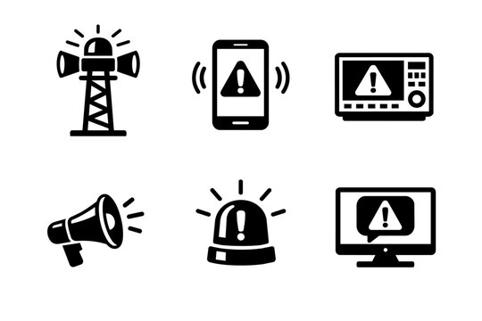Collection of icons showing various emergency notification devices and warning symbols for alarms and critical alerts