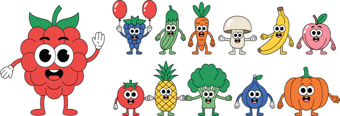 Obraz premium Cute Kawaii Fruit and Vegetable Character Set with Raspberry, Banana, Pumpkin, Pineapple, Broccoli, and Cartoon Food Mascot Illustrations for Kids Designs