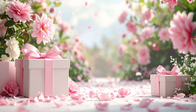 Beautifully wrapped gift boxes with pink bows surrounded by flowers bright