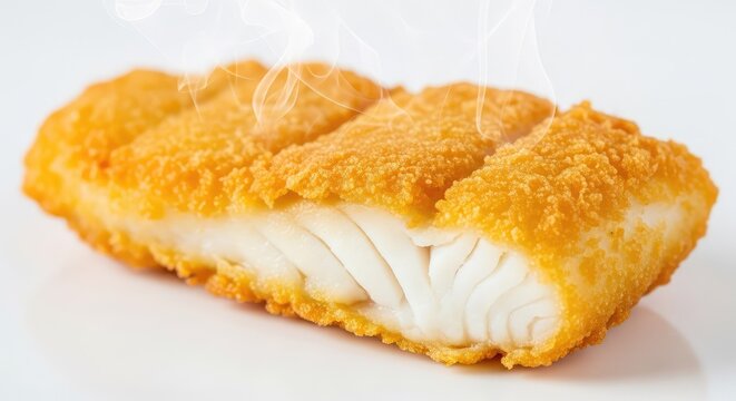 A close-up shot of a crispy, golden-brown battered cod fillet, served hot with a light texture and appetizing crunch on a plain surface, dish, cod, hot