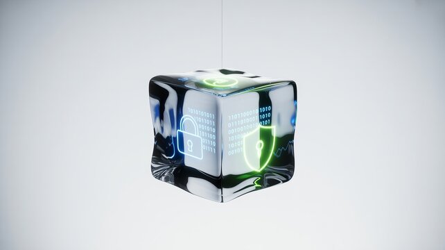 Digital security symbols frozen inside transparent ice cube &ndash; Great for advanced firewall protection, safe crypto wallets, or minimalist tech concepts.