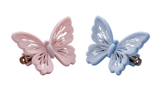 Isolated elegant pair of pastel pink and blue decorative butterfly hair clips for kids