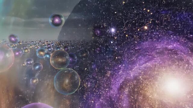 In a mesmerizing scene, vivid bubbles float gracefully above a reflective surface, displaying galaxies and stars within. The dawn light casts a magical glow on this fantastic universe of wonder.