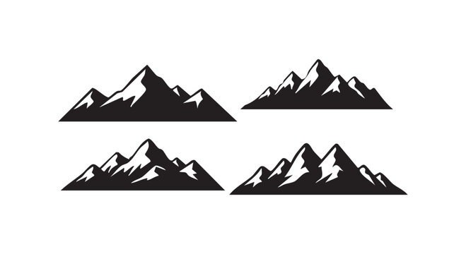 Four distinct mountain peaks silhouette collection for outdoor travel adventure logo and landscape design elements.