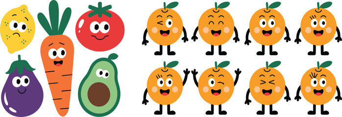 Fototapeta premium Cute Kawaii Fruit and Vegetable Character Set with Orange, Tomato, Carrot, Avocado, Lemon, and Funny Cartoon Food Mascot Illustrations