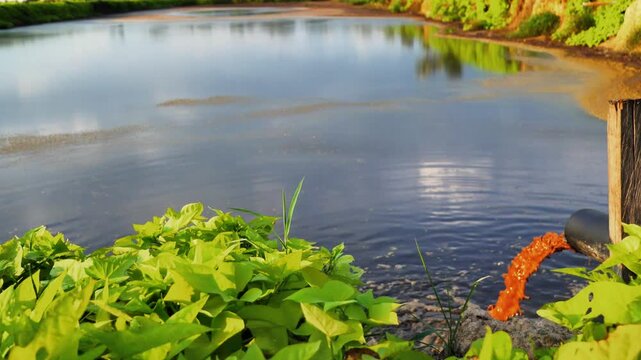 Industrial wastewater discharge into an anaerobic treatment pond, environmental pollution and water management concept
