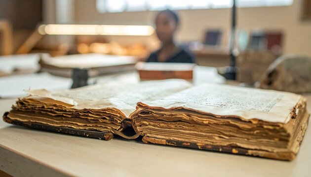Ancient leather-bound codex with brittle pages revealing faded script in a library setting