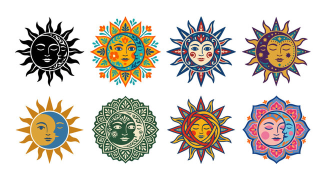 Eight stylized sun face illustrations on transparent background