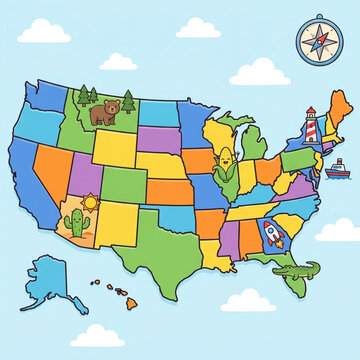 Cartoon United States Map Colorful Educational Illustration
