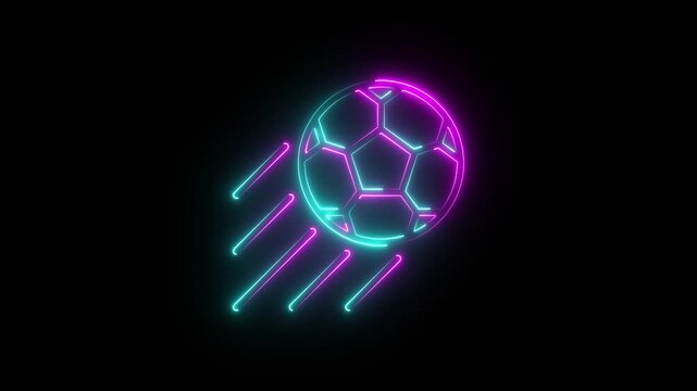 Dynamic glowing neon soccer ball soaring through darkness with electric speed lines - 4K digital animation video on black background.