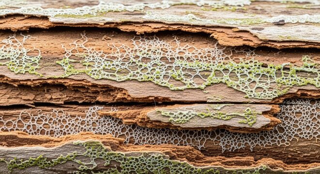A highly detailed close-up of aged timber showing signs of dry rot, peeling layers, organic fungal patterns, and deep natural erosion marks, rotten, tree, aged