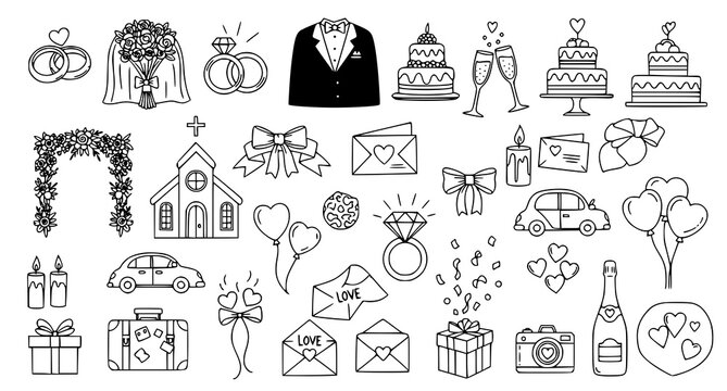 Hand drawn wedding icon set with romantic celebration symbols and outline wedding signs vector illustration