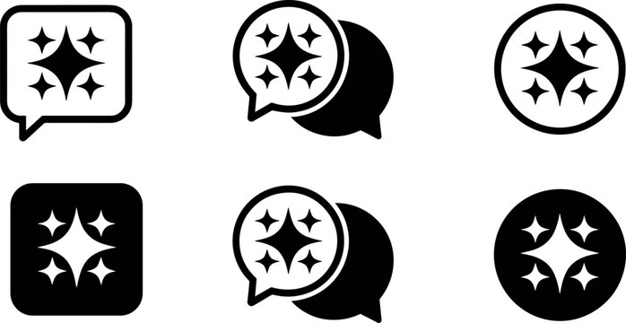 Artificial intelligence chat bot icon set with sparkle stars in speech bubbles for smart assistant communication and magic digital technology