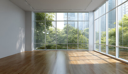 Fototapeta premium An empty, sunlit room with hardwood flooring, large windows, and a cityscape and leafy trees visible outside. Simple, modern aesthetic