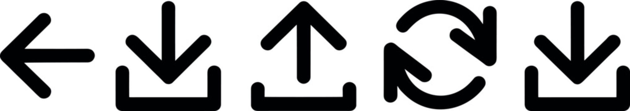 Minimalist black line icon set for cloud data management featuring upload download back arrow and sync refresh symbols for software interface 
