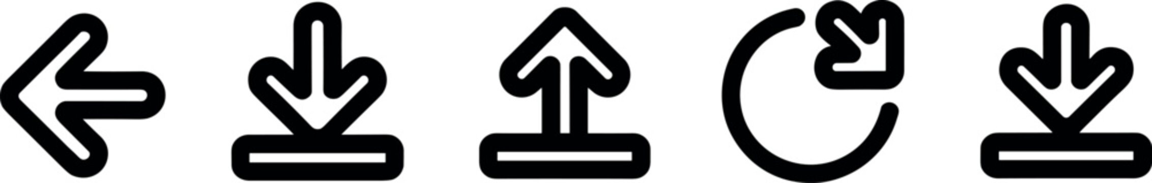 Minimalist black line icon set for cloud data management featuring upload download back arrow and sync refresh symbols for software interface