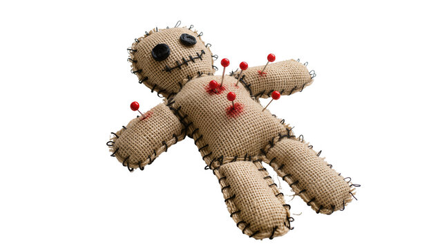 Isolated spooky voodoo doll made from burlap fabric, black button eyes, pierced by red pins