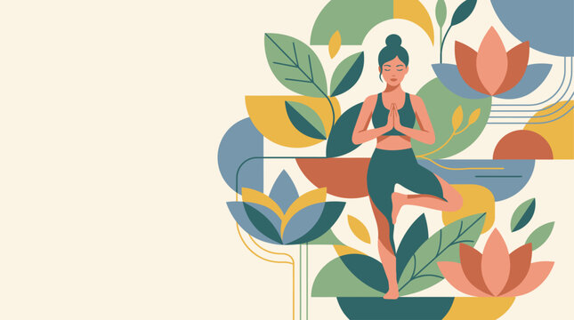 Minimalist yoga vector banner background with copyspace and woman in tree pose with abstract geometric lotus elements