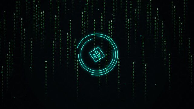 Abstract glowing digital cube rotating with binary code background