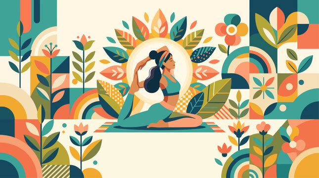 Abstract yoga vector banner background with woman in pigeon pose and colorful geometric floral ornament elements