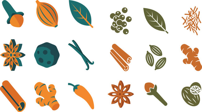 Colorful flat icons featuring various aromatic spices and herbs arranged in a clean grid pattern layout