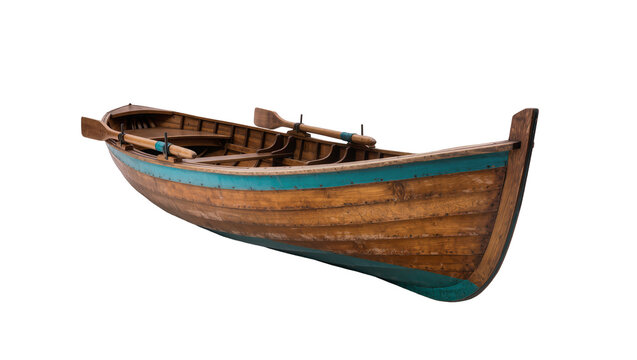 Isolated traditional wooden rowboat with oars, classic vintage small boat for tranquil waters