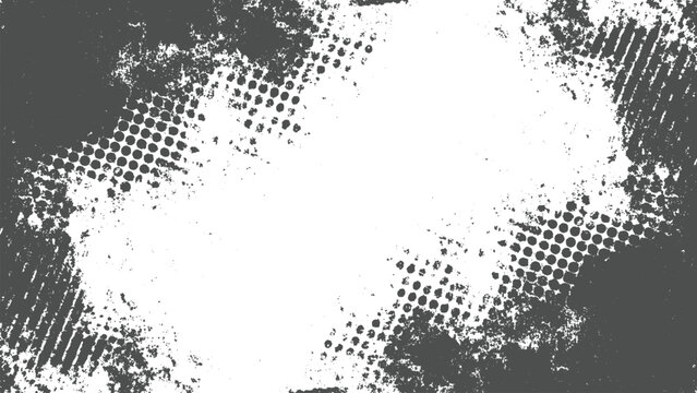 Grunge textured background with white center and dark gray borders and halftone dots