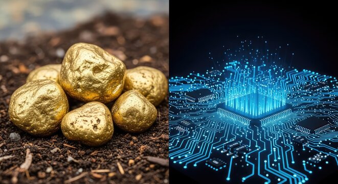 A split composition showing raw gold nuggets on earthy soil contrasted with a high tech glowing circuit board for digital asset processing, traditional, business, rock