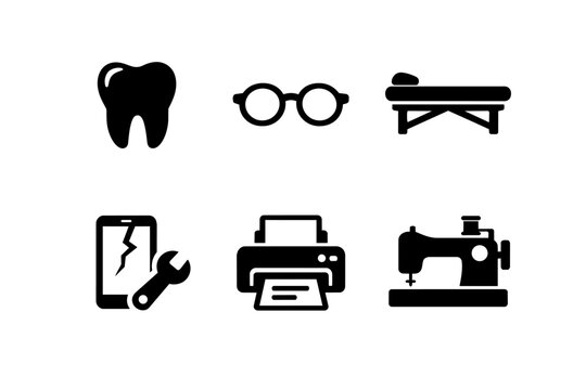 Professional service offering icons including health, optical, repair, printing, and textile craftsmanship on a white background