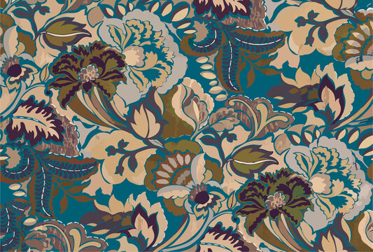 Exquisite vintage chintz seamless pattern featuring opulent Baroque-style floral blossoms and detailed acanthus foliage. Blending a rich tapestry texture with smooth painterly outlines and a Procreate