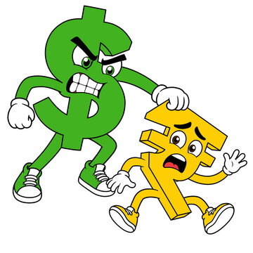 Aggressive US dollar sign dominating a scared indian rupee sign, representing currency exchange rate struggle and economic dominance 