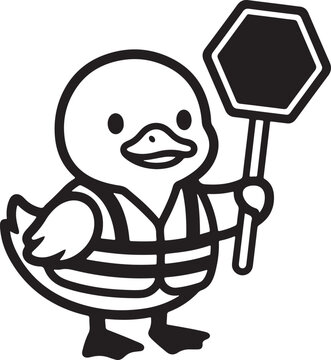 Cute cartoon duck wearing life jacket holding octagonal road sign