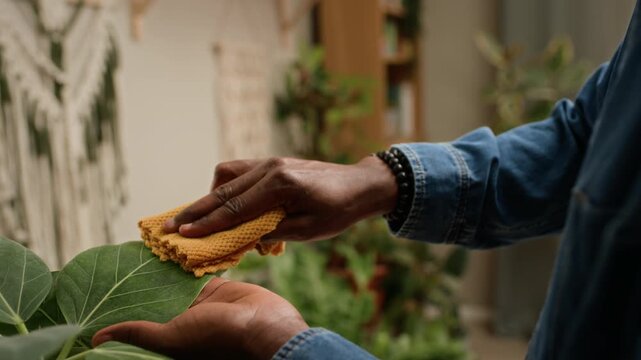 Tilt up handheld shot of young Black man in eyeglasses wiping houseplant leaves with cloth during plant care routine in cozy green home with macrame wall decor