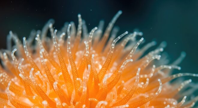 Close up macro shot of vibrant orange and white coral polyps under the sea, showcasing delicate extended tentacles with small dots on them, texture, cnidaria, colorful