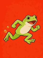 Fototapeta premium Cartoon green frog running with joyful expression