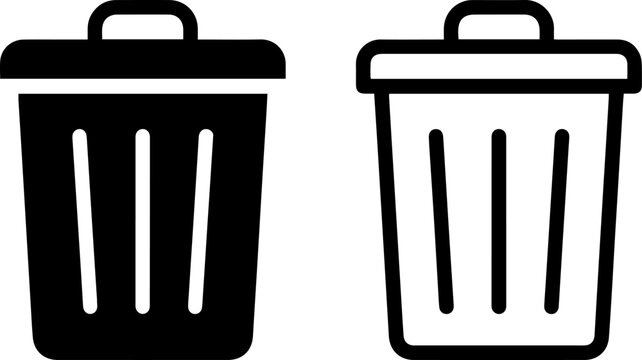 Set of trash can icons, solid and outline style