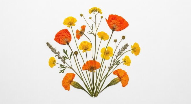 Elegant herbarium layout with dried spring wildflowers featuring yellow and orange blossoms isolated on a textured white watercolor backdrop, natural, meadow, gardening