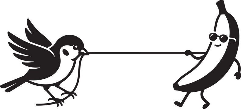 Bird pulling string attached to smiling cartoon banana wearing sunglasses