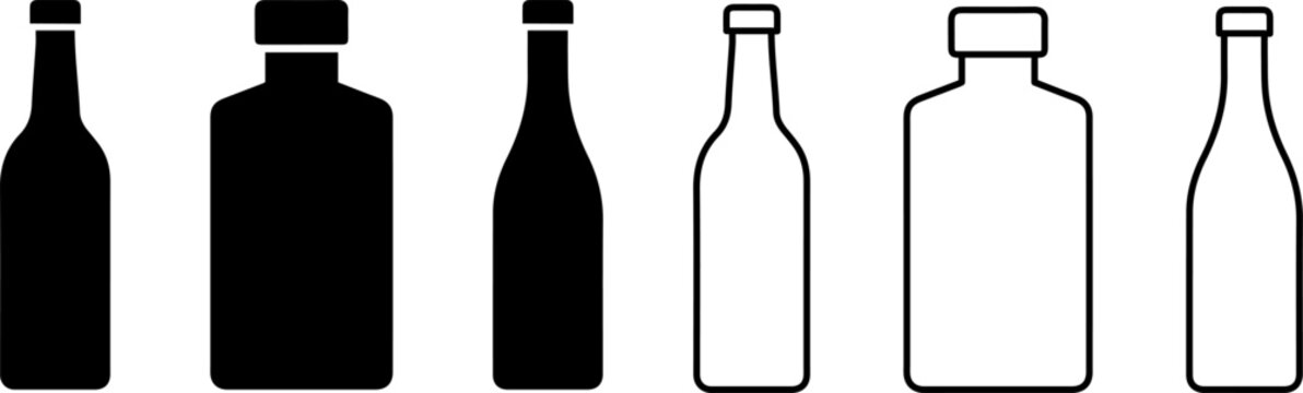 Set of various glass bottles icons, silhouettes and outlines