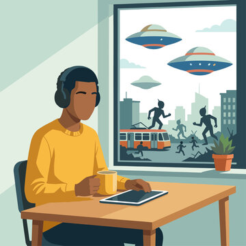 Person wearing noise canceling headphones ignoring chaotic alien invasion outside funny introvert vector