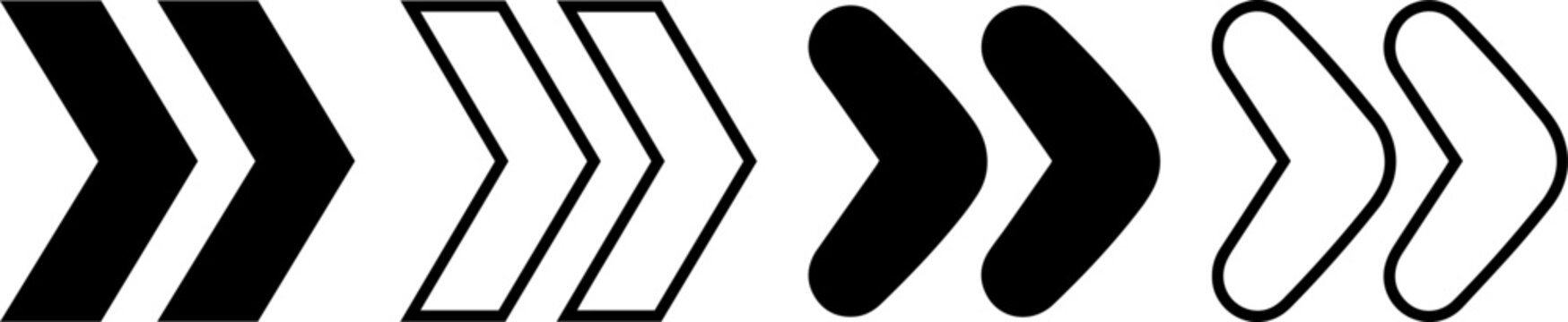 Set of double arrow icons, forward direction symbols in different styles